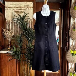 Tory Burch Navy Linen Shift Dress 6 | Sleeveless Button Front Classic Pockets
